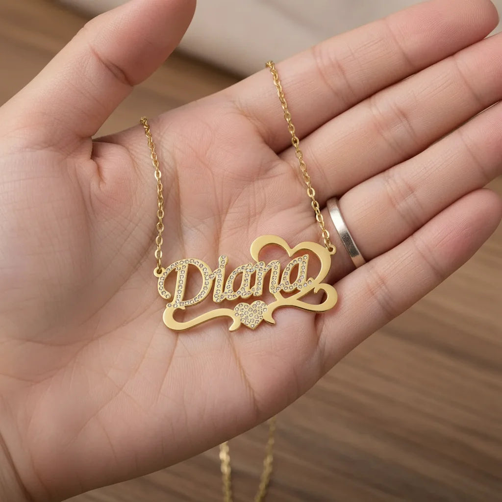 18K Gold Custom Name Zircon Heart Necklace | Personalized Gift