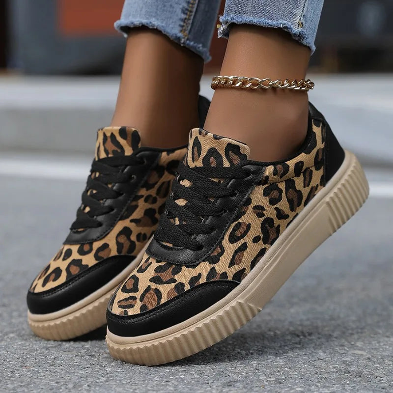 Women's Leopard Print Canvas Sneakers – Lace-Up Casual Shoes