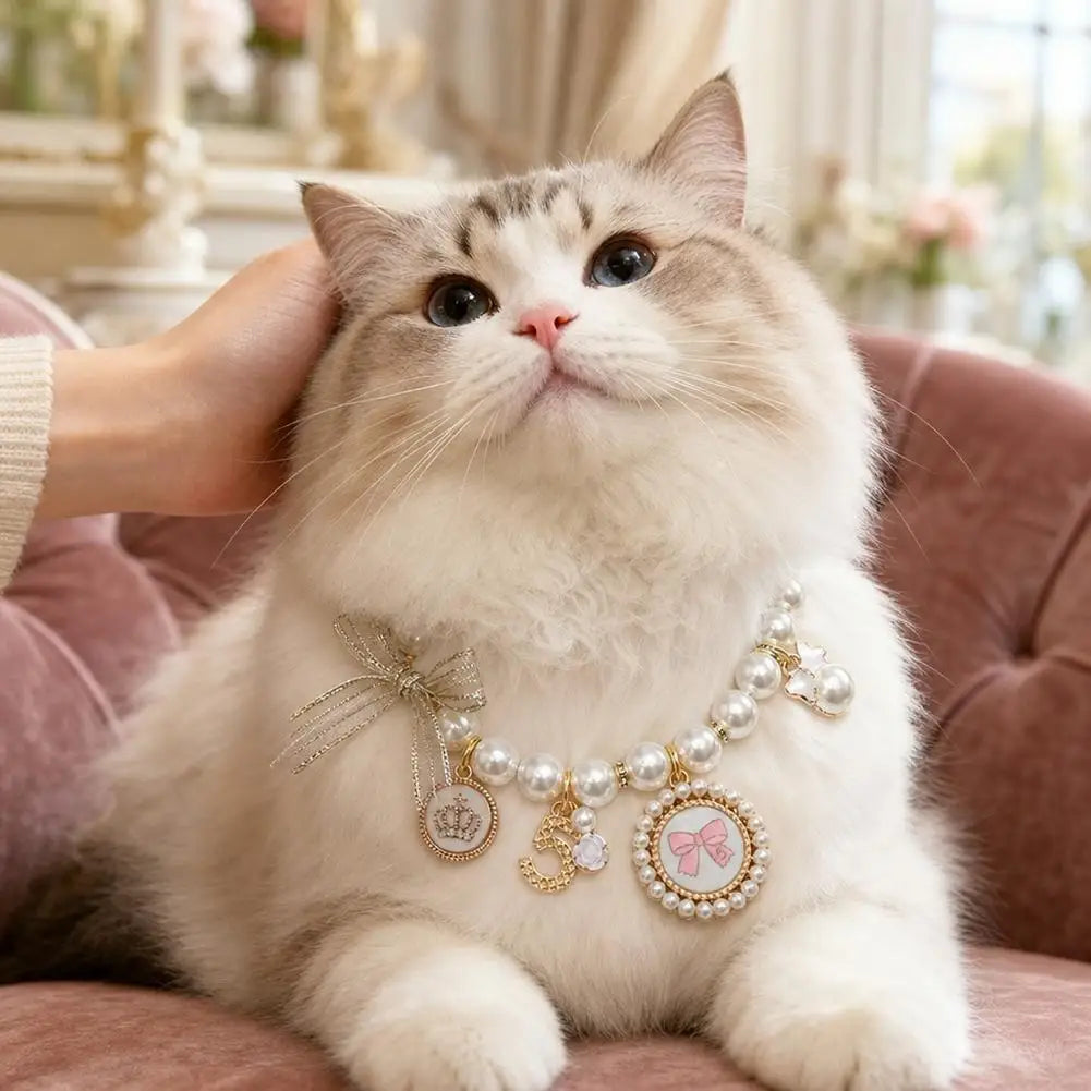 Pet Pearl Collar Bow Pendant – Princess Necklace Cats & Dogs
