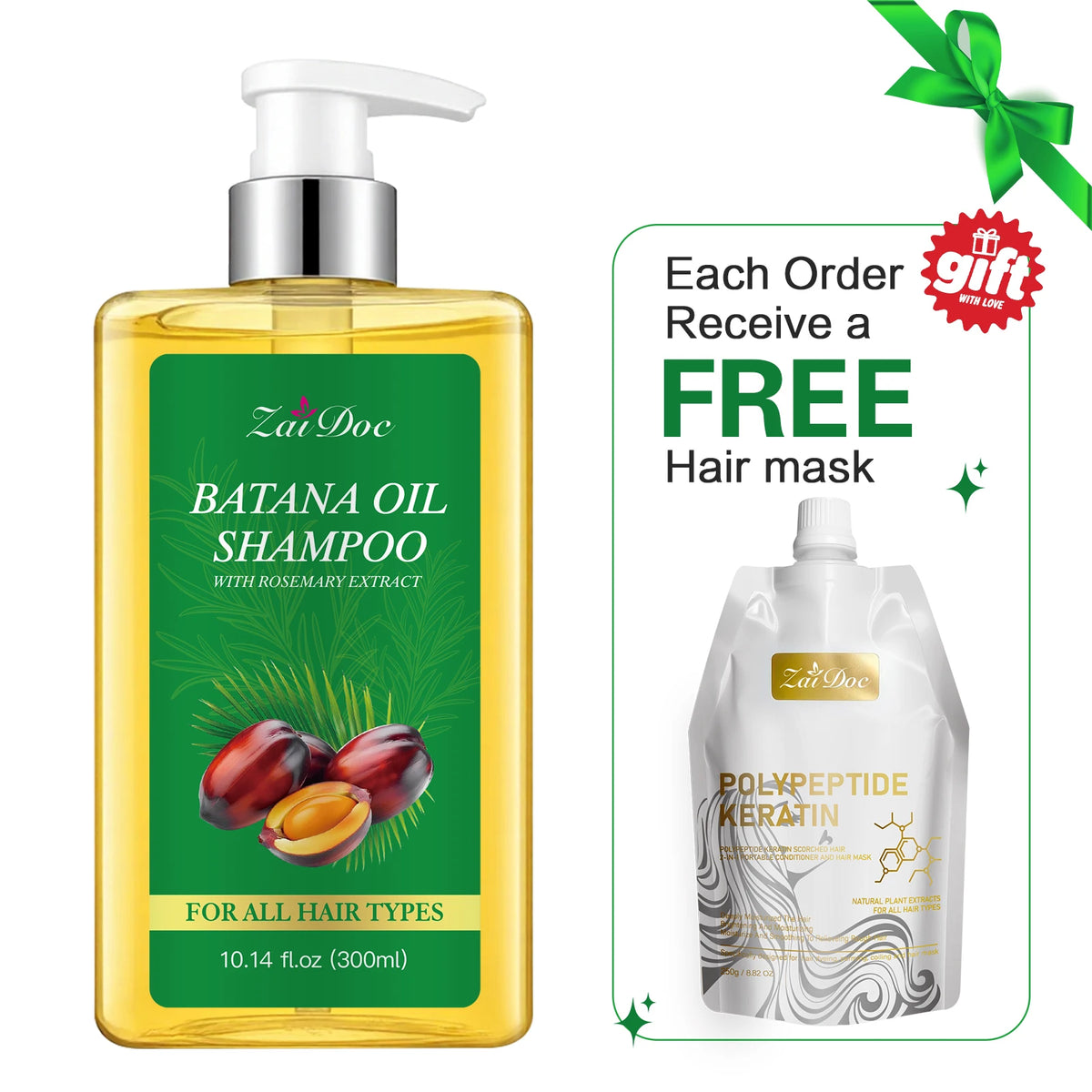 ZaiDoc Batana Oil Rosemary Shampoo – Nourishing 300ml + Free Gift
