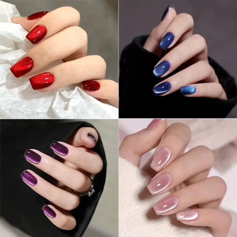 24pcs Short Square Press On Nails – Cat Eye Glitter Ballet Tips