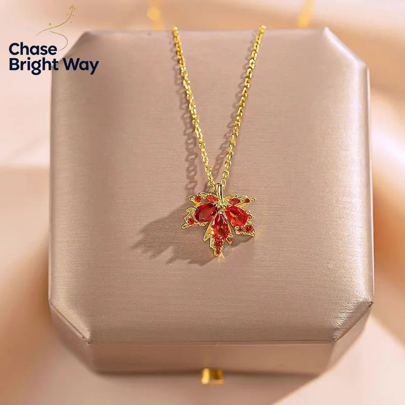 Red Leaf Pendant Necklace for Women – Alloy Chain Jewelry