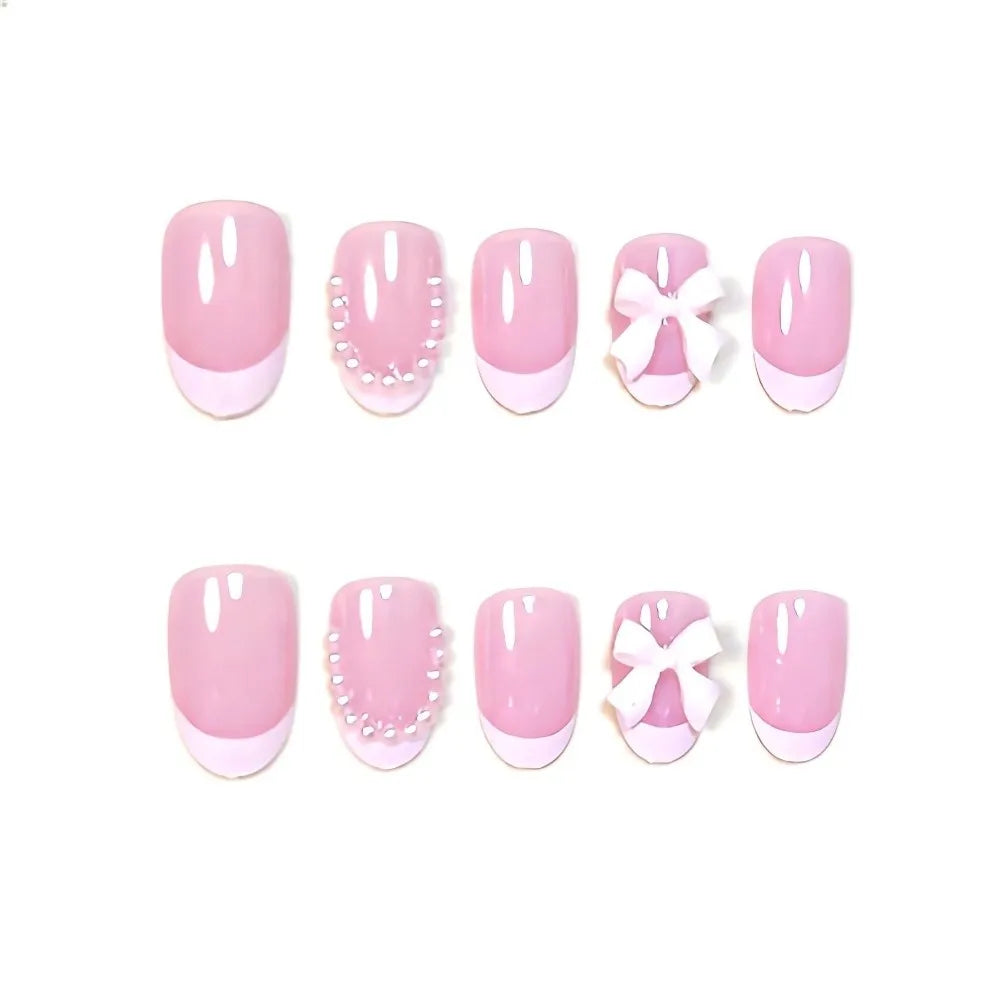 Almond Press-On Nails with Bow Charms | Glossy Full Cover Set