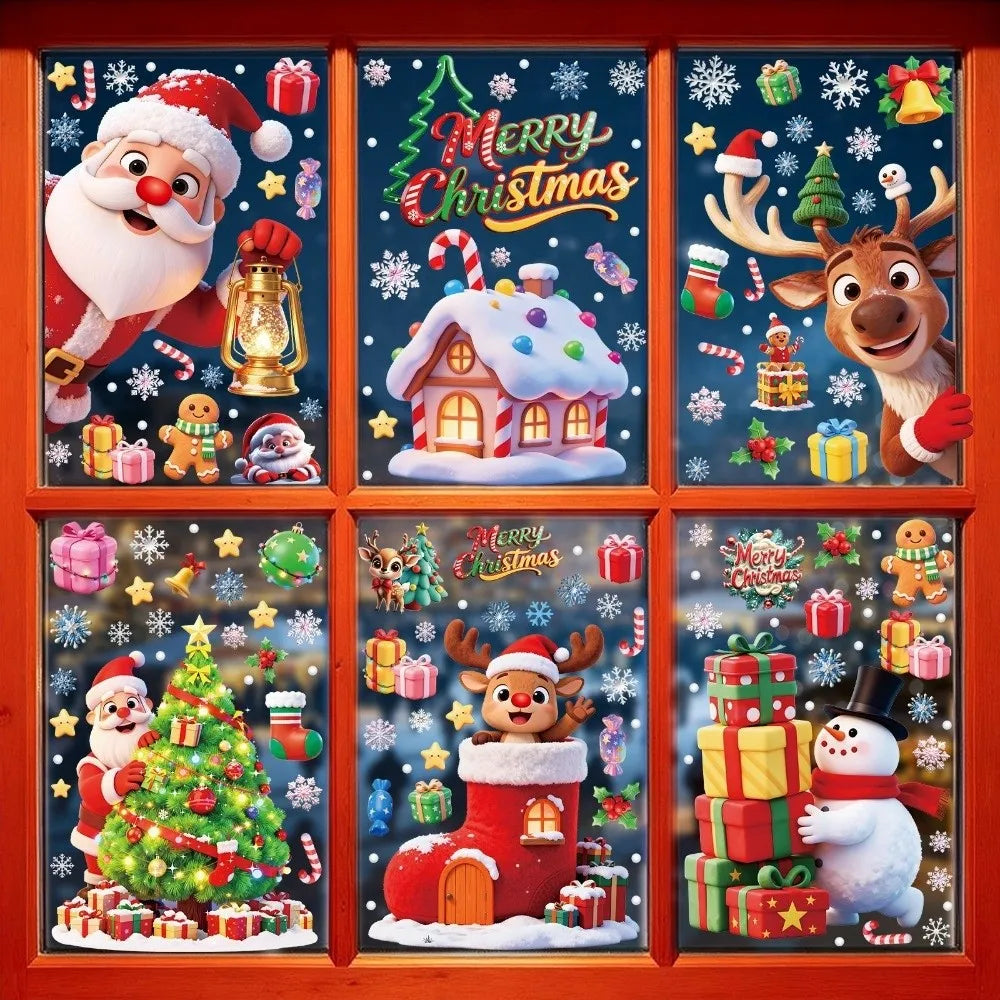 Christmas Window Cling Stickers – Santa Snowman Snowflake 9Pc