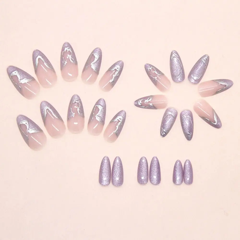 24-Pack Long Almond False Nails – Star Moon Cat Eye French Tips