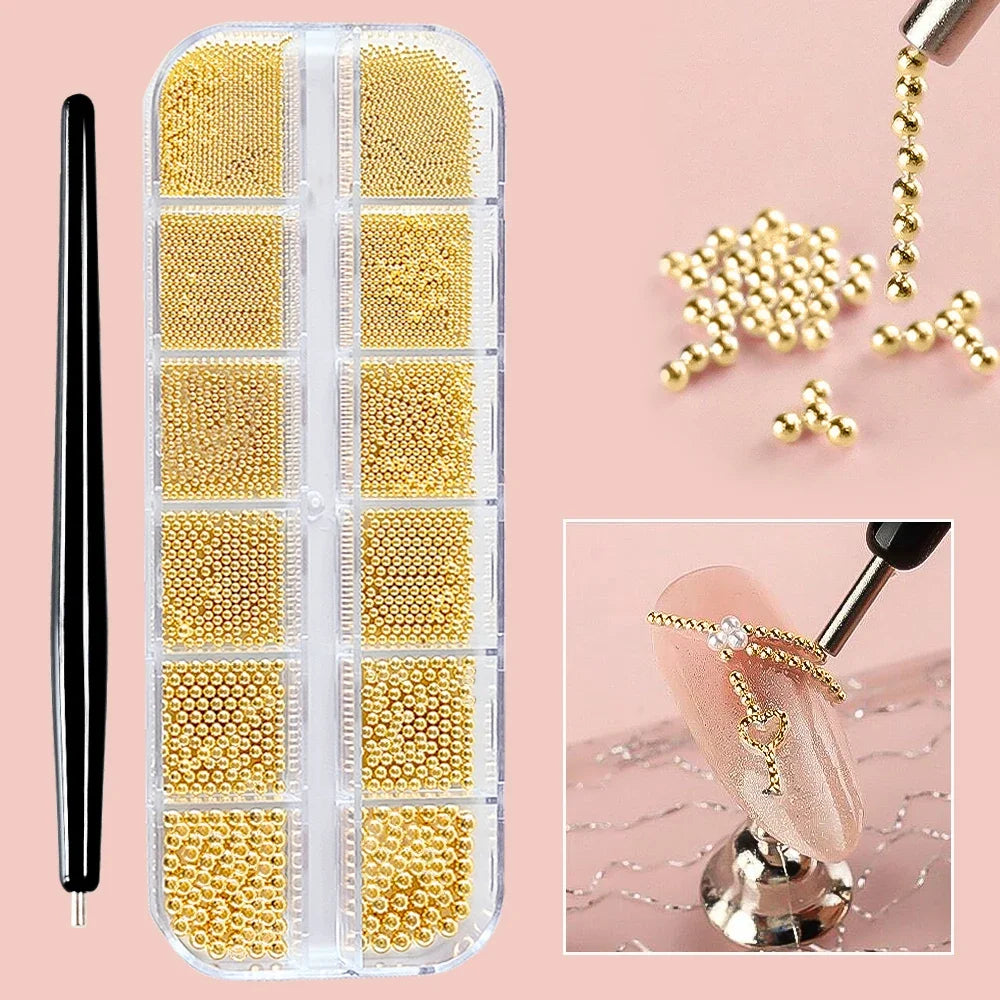 12-Grid Mini Caviar Beads – Gold Silver Micro Ball Nail Art Set