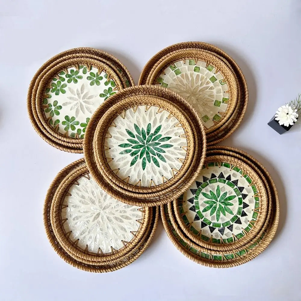 Shell Mosaic Round Woven Rattan Tray | Boho Home Decor