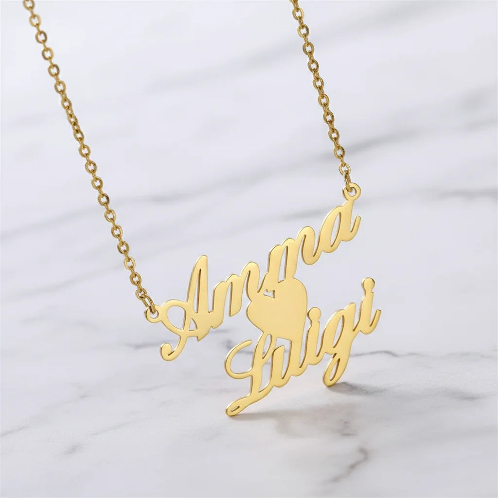 Custom Double Name Pendant Necklace – 18K Gold Plated Steel