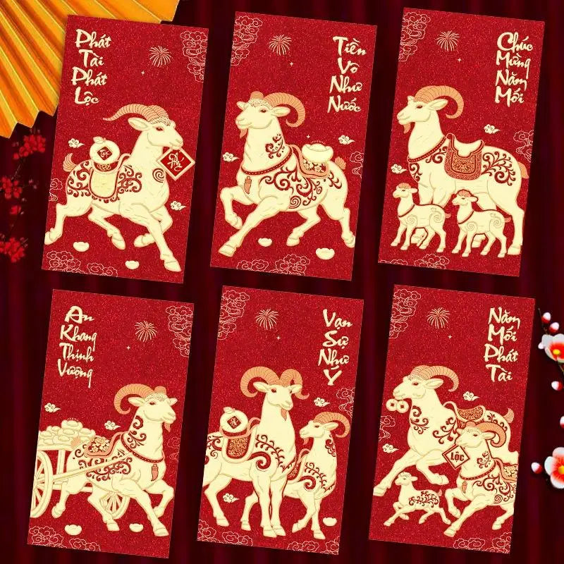 6-Pack 2027 Year of Goat Vietnamese Lucky Red Envelopes Lì Xì