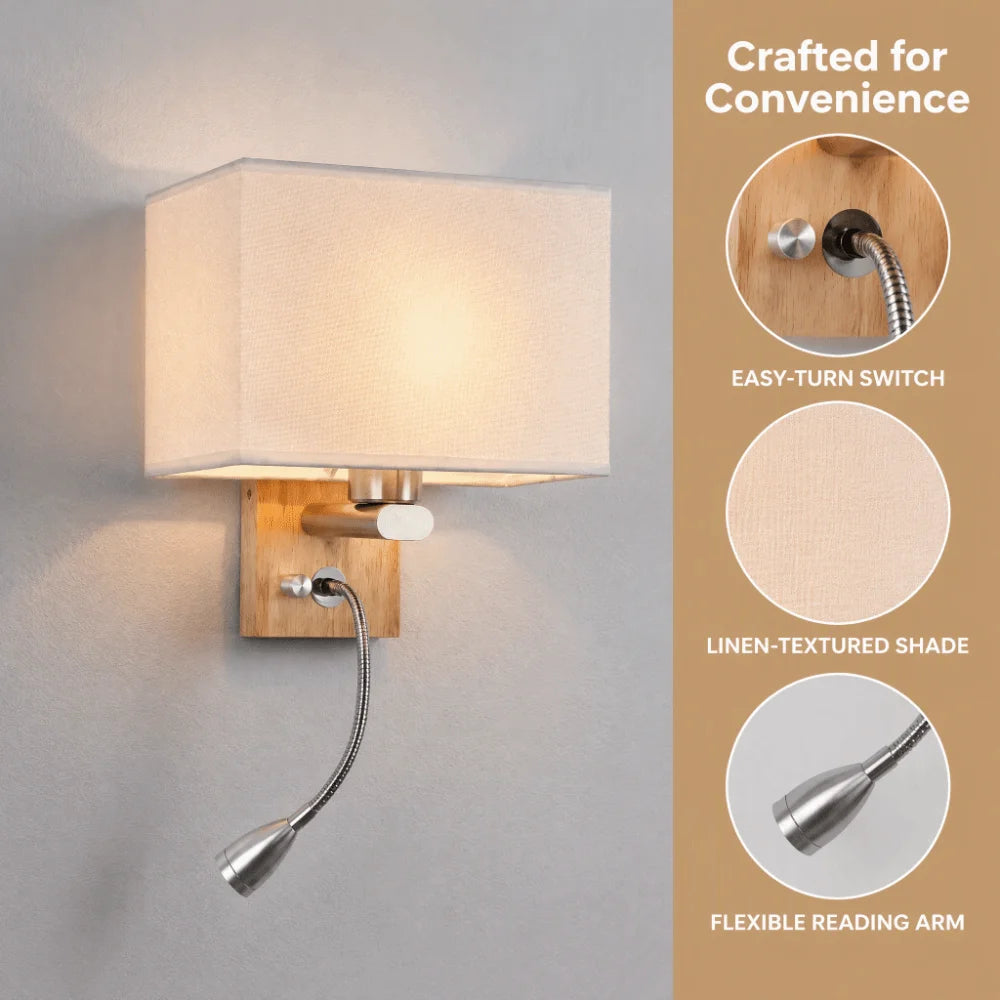 Swing Arm Wall Sconce | E26/E27 LED, Wood Base, Rotary Switch