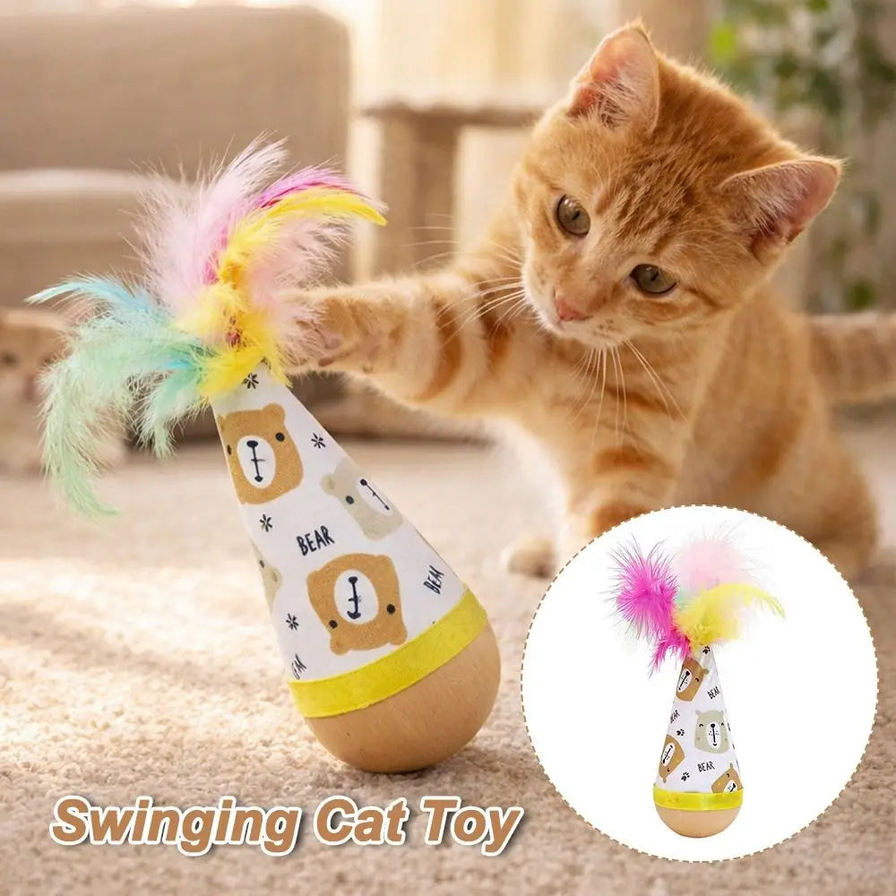 Wooden Tumbler Cat Toy – Feather Wobbler, No Batteries Needed