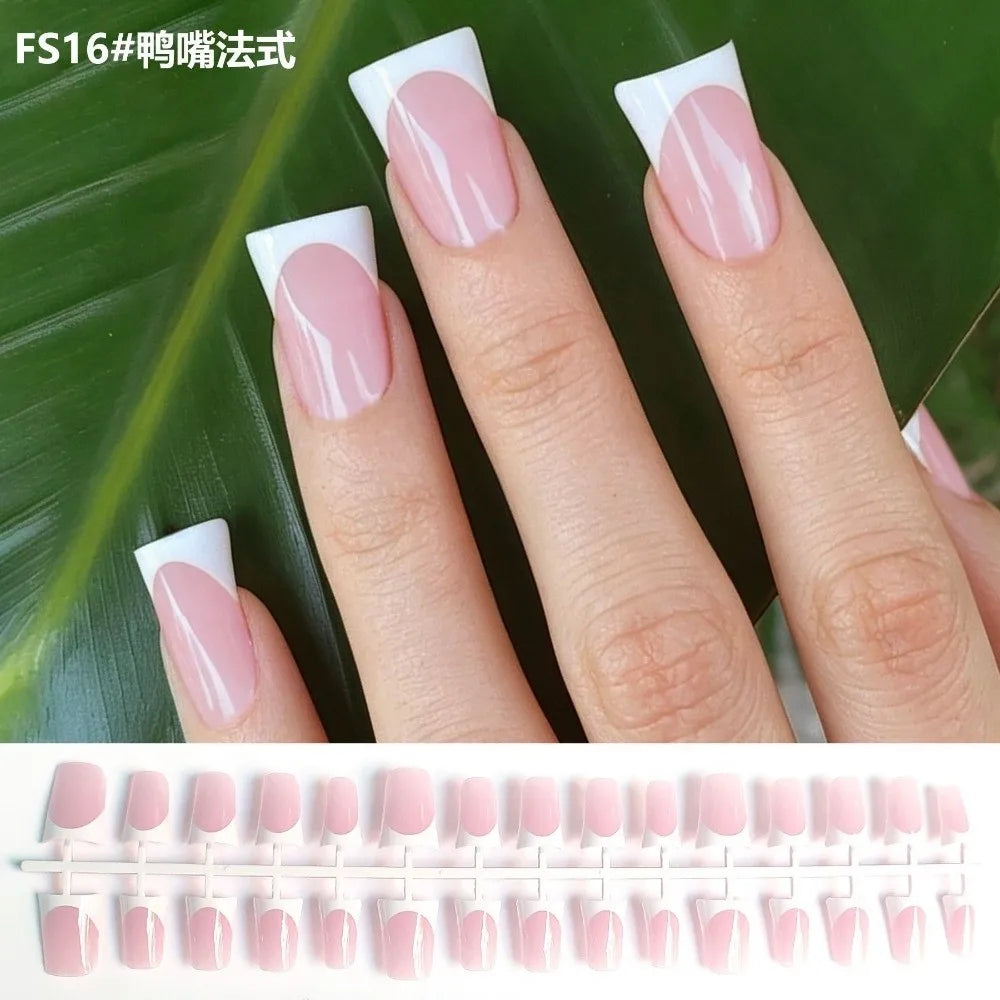 French Duckbill Press-On Nails – White & Pink 30-Piece Set