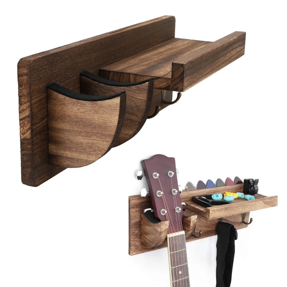 Wooden Guitar Wall Mount Hanger – Pick Holder & 3 Hooks
