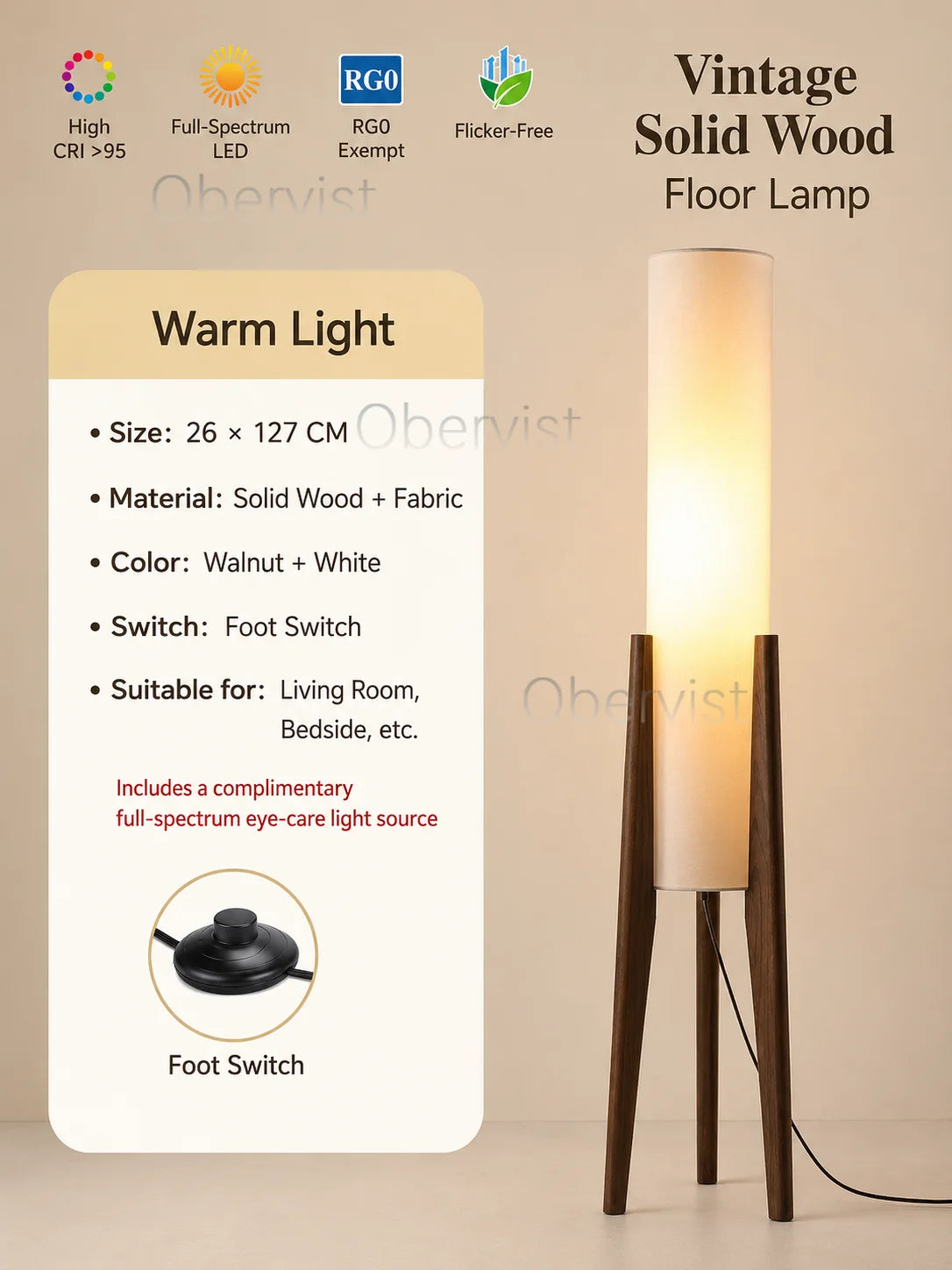 Walnut Wood Floor Lamp | Fabric Shade Warm Standing Light