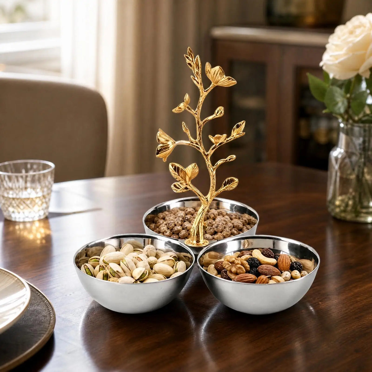 Stainless Steel 3-Bowl Fruit Tray | Gold Branch Centerpiece