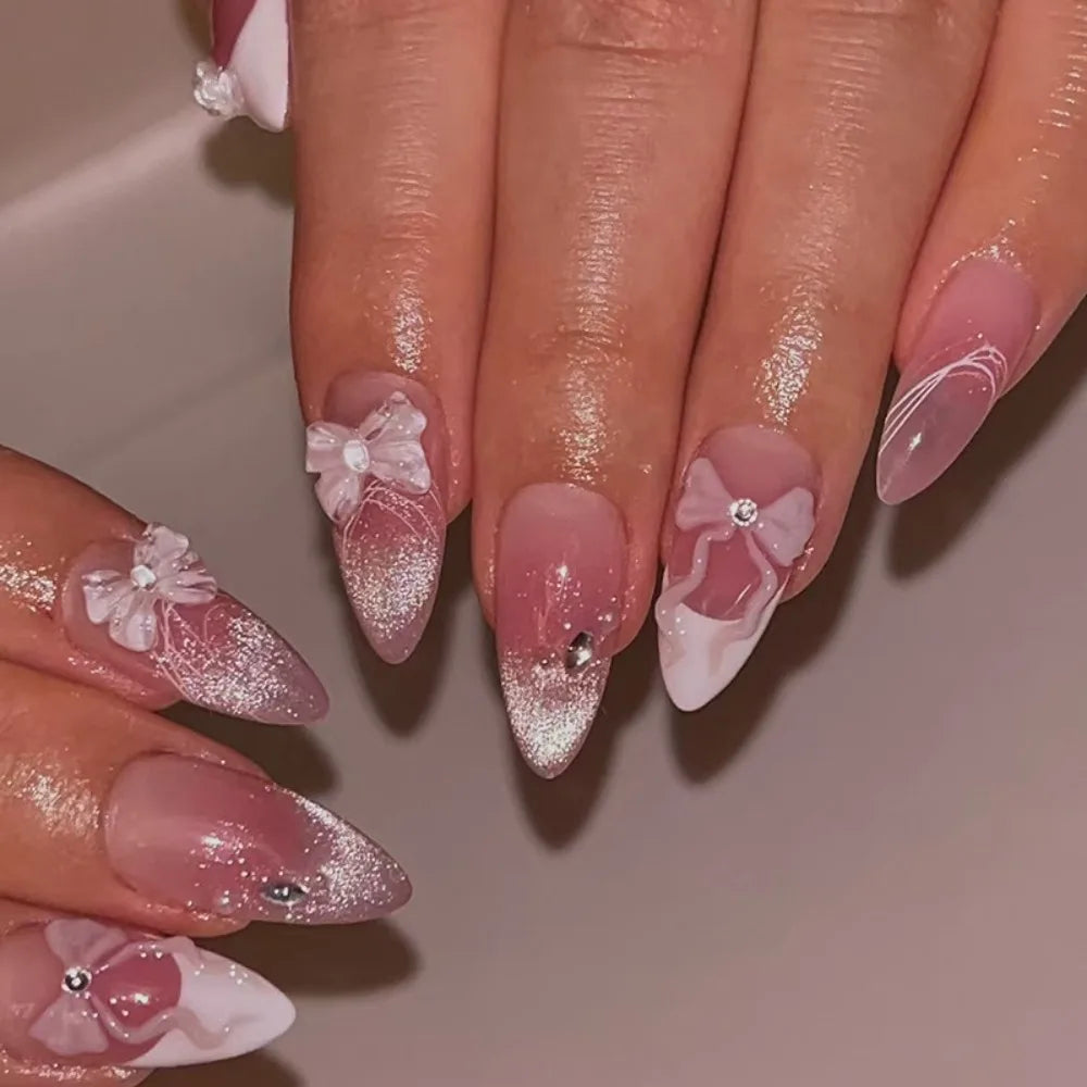 24-Piece Almond Press On Nails – Misty Blue Floral French Style