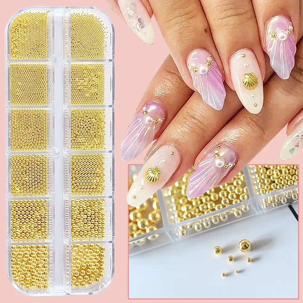 12-Grid Mini Caviar Beads – Gold Silver Micro Ball Nail Art Set