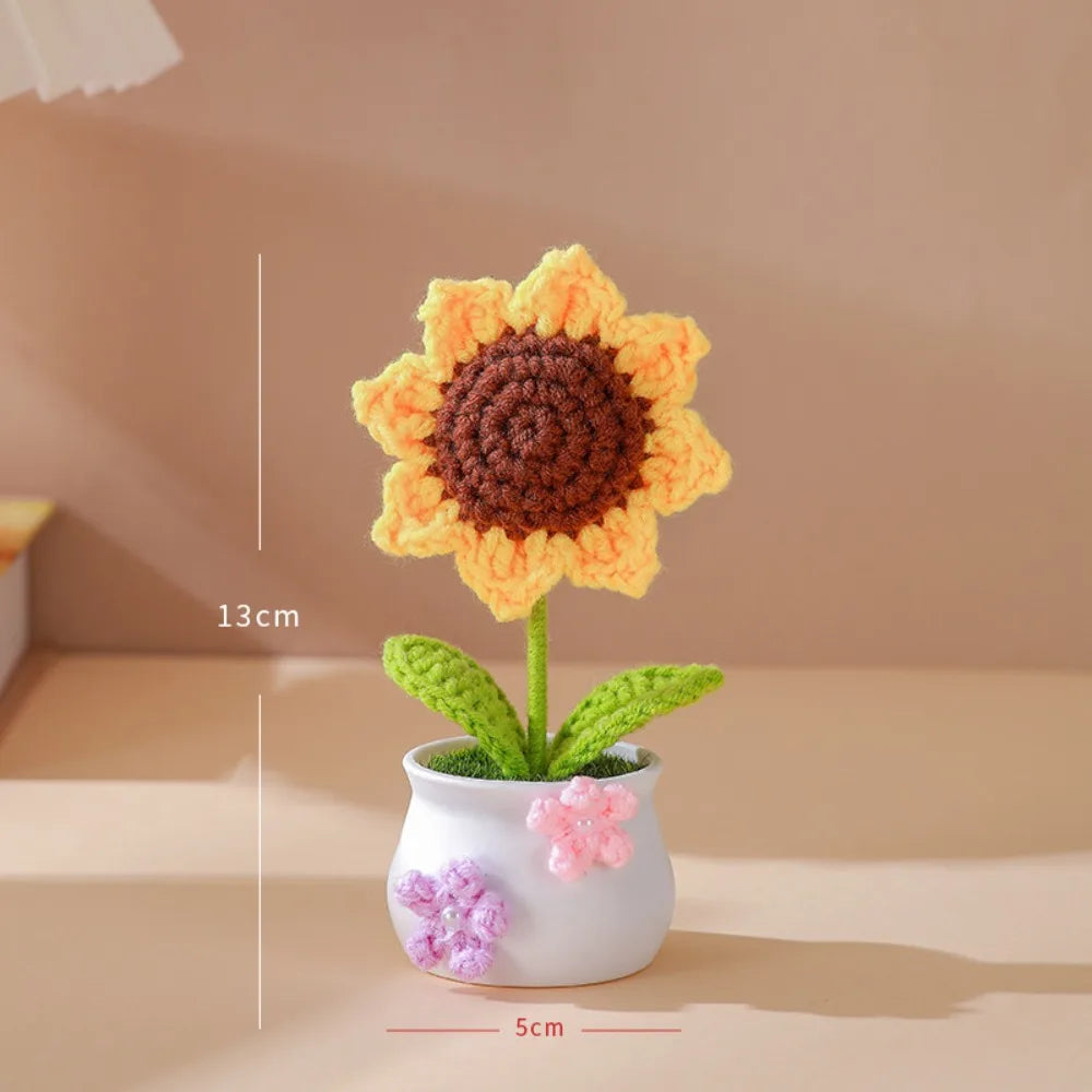 Mini Handmade Crochet Flower Pot – Sunflower & Tulip Décor