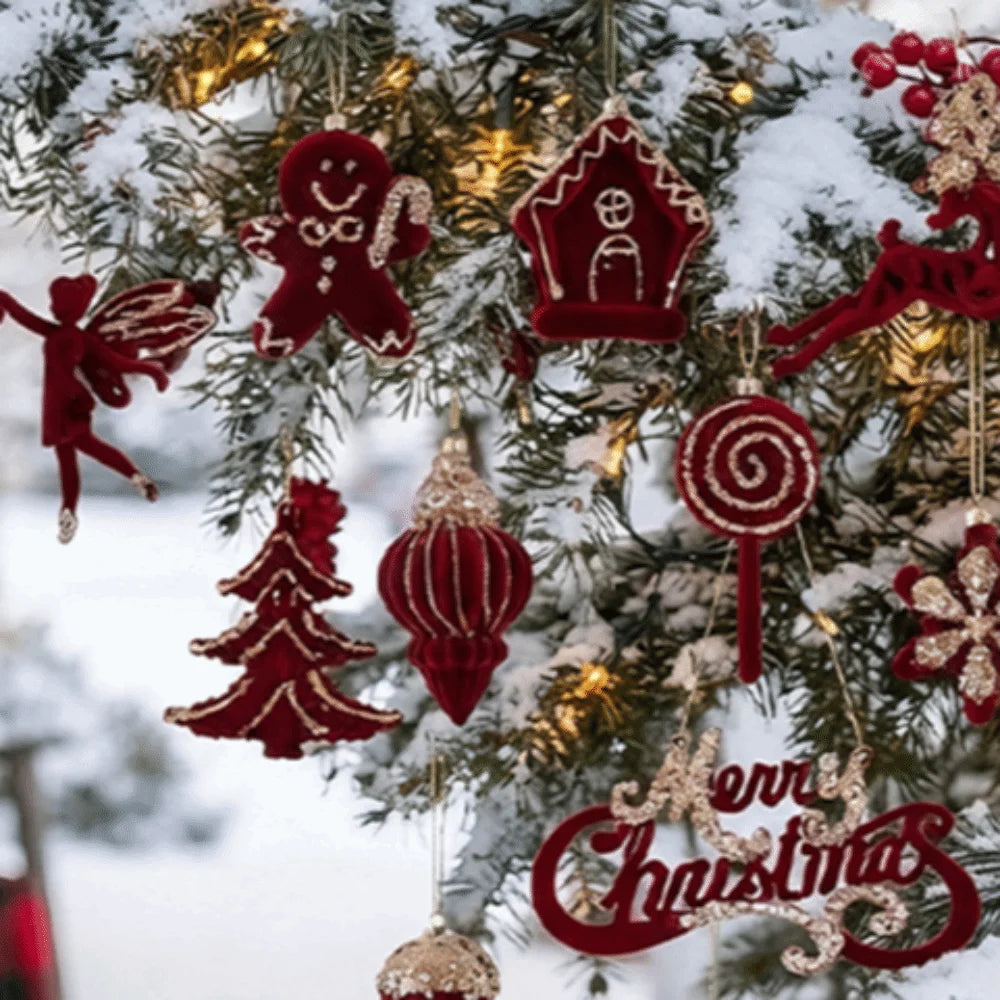 Red Flocked Velvet Christmas Ornaments – Glitter Trim Multi-Shape