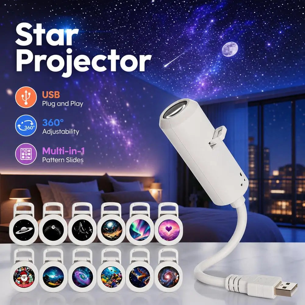 USB Galaxy Star Projector – Interchangeable Film Discs Night Light