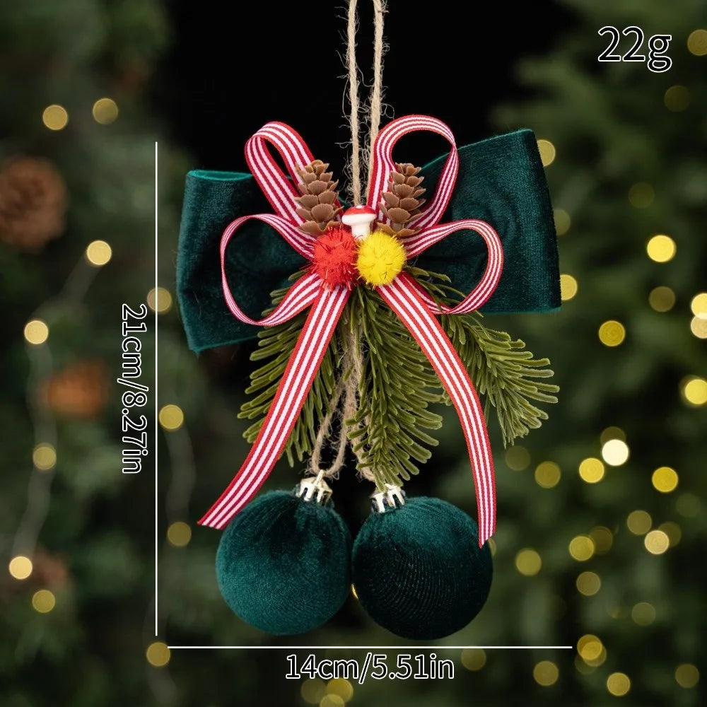 Velvet Christmas Bow Ornament – Wine Red Pine Needle Accent