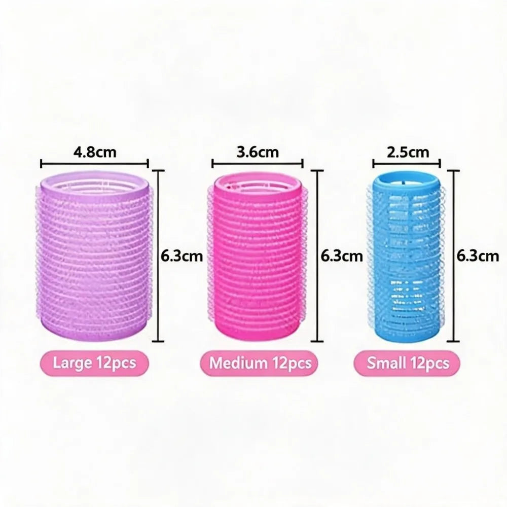 Self-Grip Hair Roller Set – 36 Curlers + 12 Clips, 3 Sizes