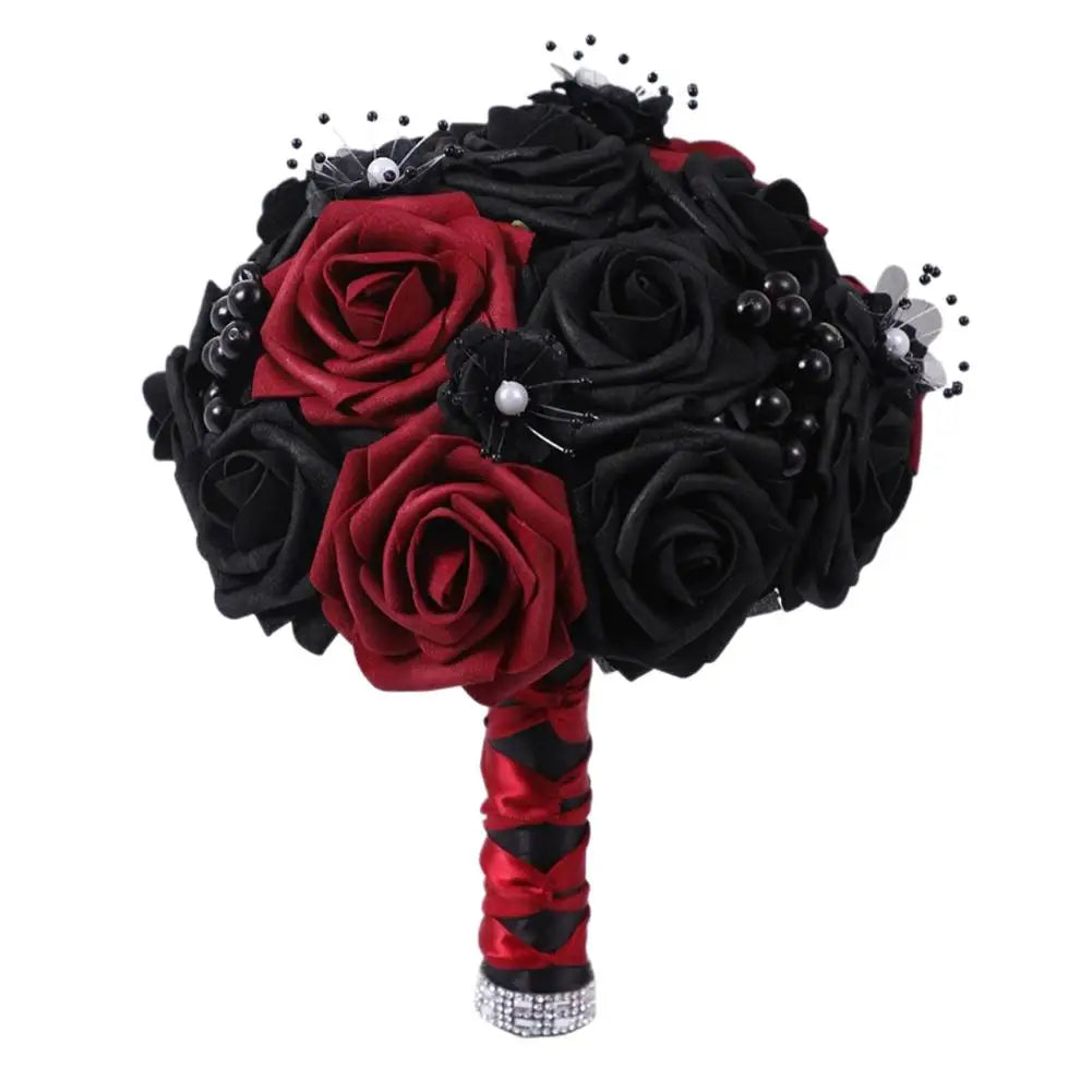 Gothic Black Burgundy Bridal Bouquet – Silk Rose Wedding Flowers