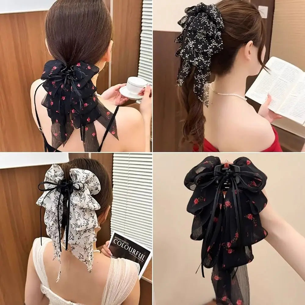 Volumizing Chiffon Hair Claw Clip – Floral Bow Korean Style