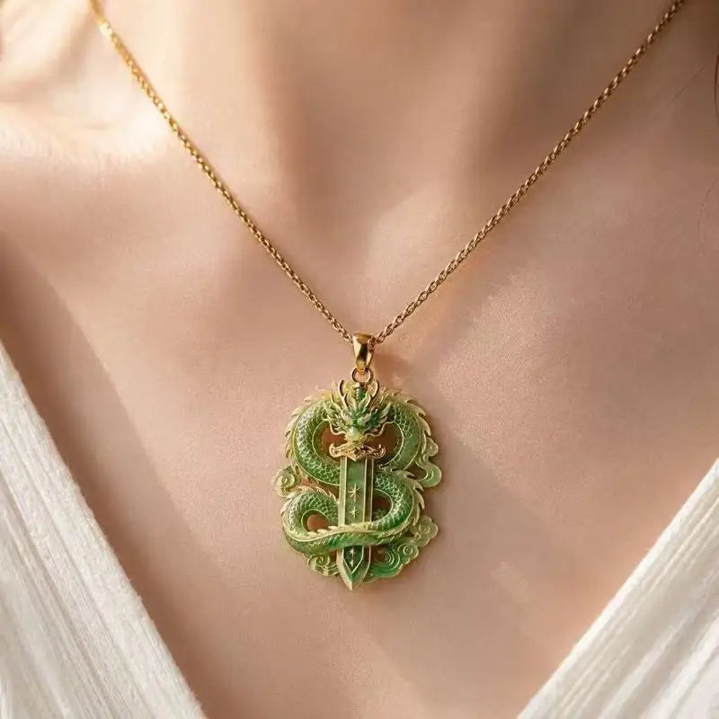 Lavender Jade Dragon Pendant Necklace | Gold-Plated Accents