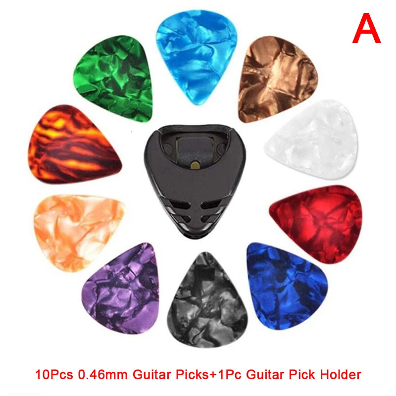10-Pack Celluloid Guitar Picks with Holder – 3 Thickness Options