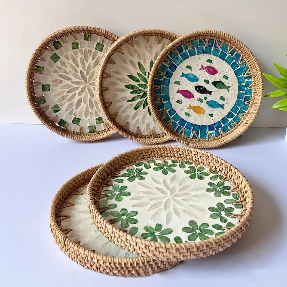 Shell Mosaic Round Woven Rattan Tray | Boho Home Decor