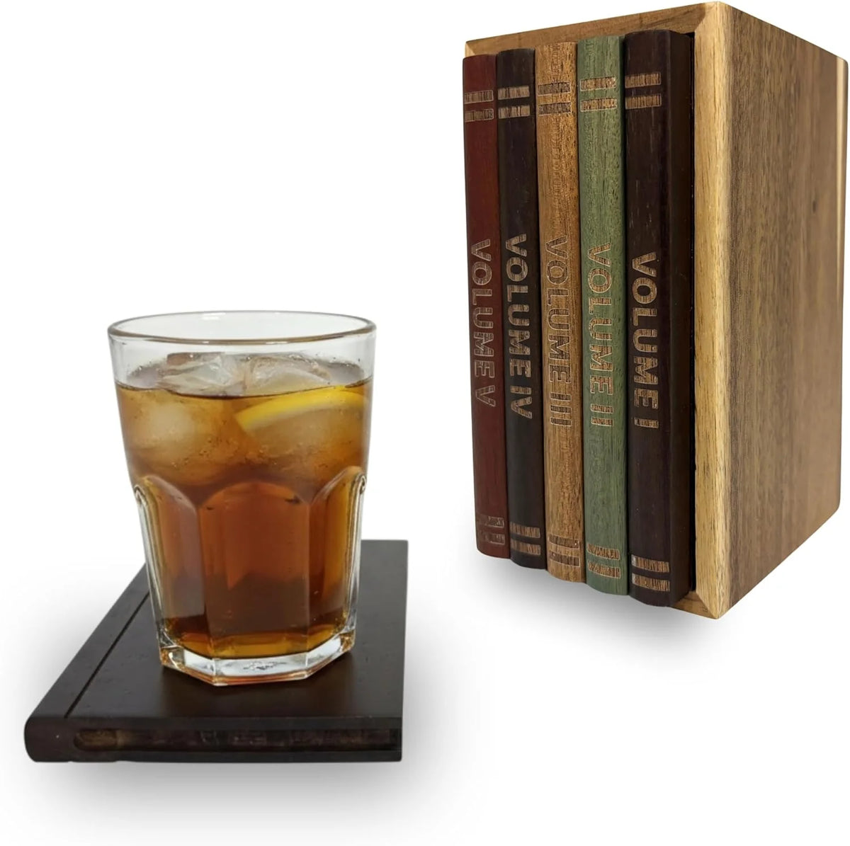 Wooden Book Coaster Set – 5 Acacia Drink Mats with Holder