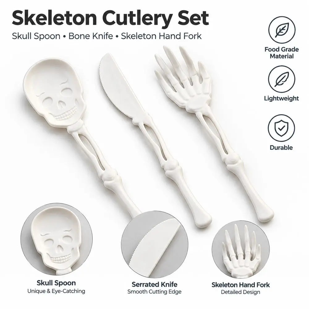 3D Skull Skeleton Cutlery Set – Gothic Party Flatware 3-Piece