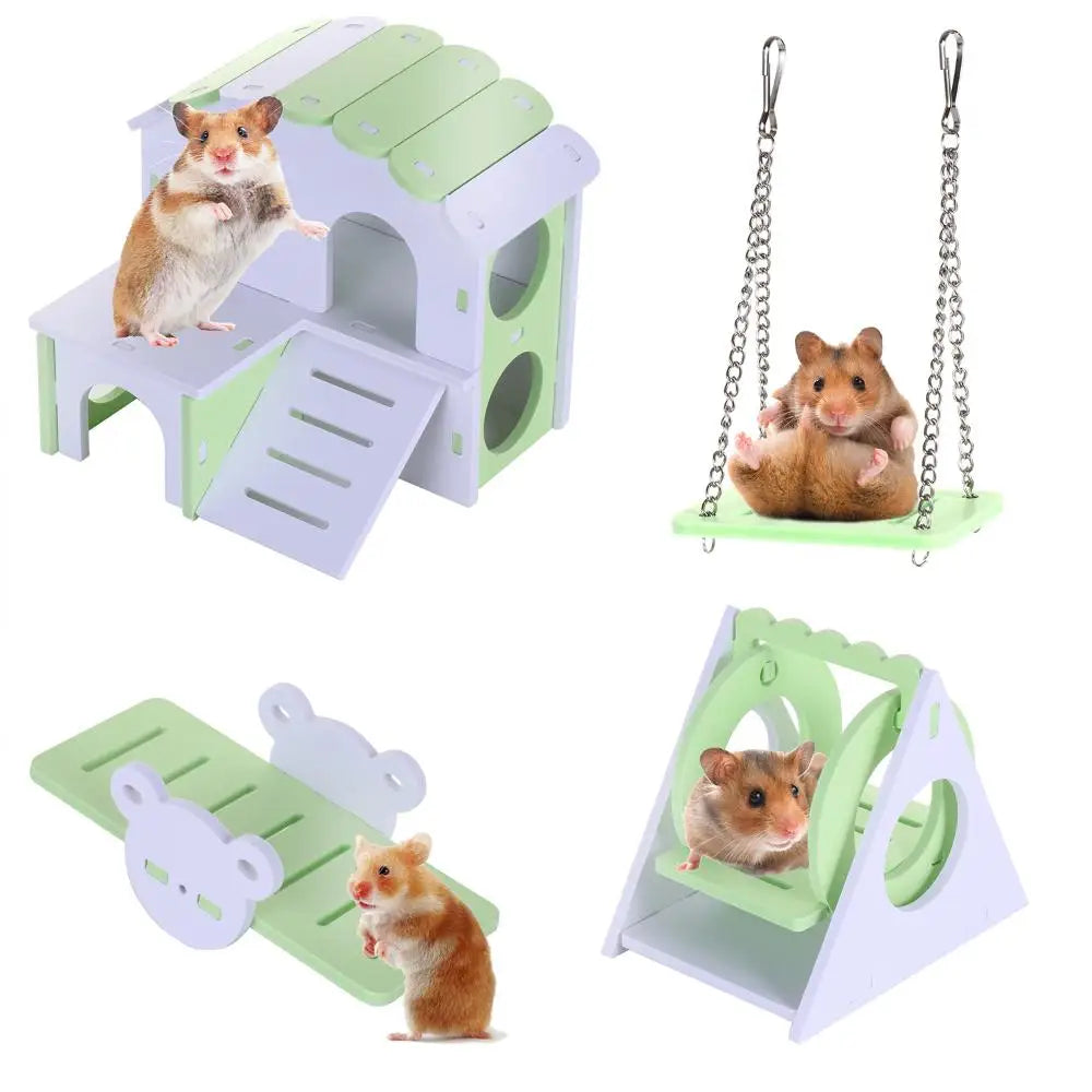 Wooden Hamster Toy Set – Seesaw, Swing & Playhouse