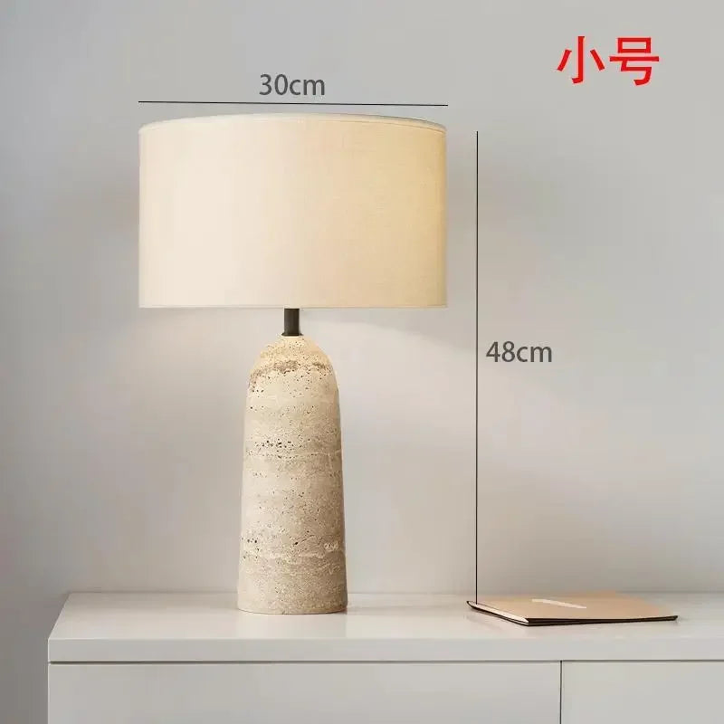 Wabi-Sabi Travertine Base LED Table Lamp | White Fabric Shade
