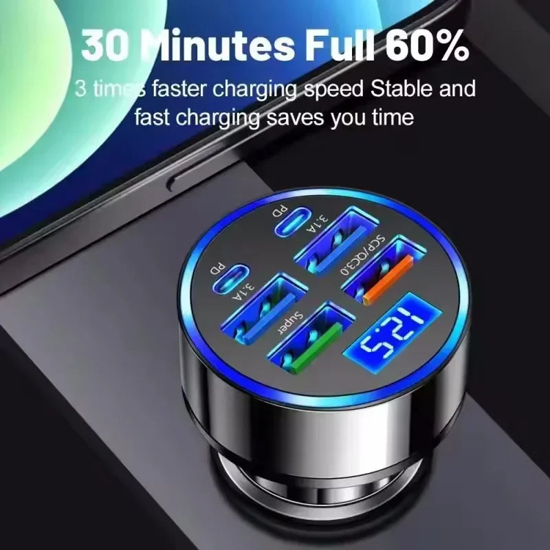 6-Port 120W USB Car Charger – PD & QC3.0 Fast Charging