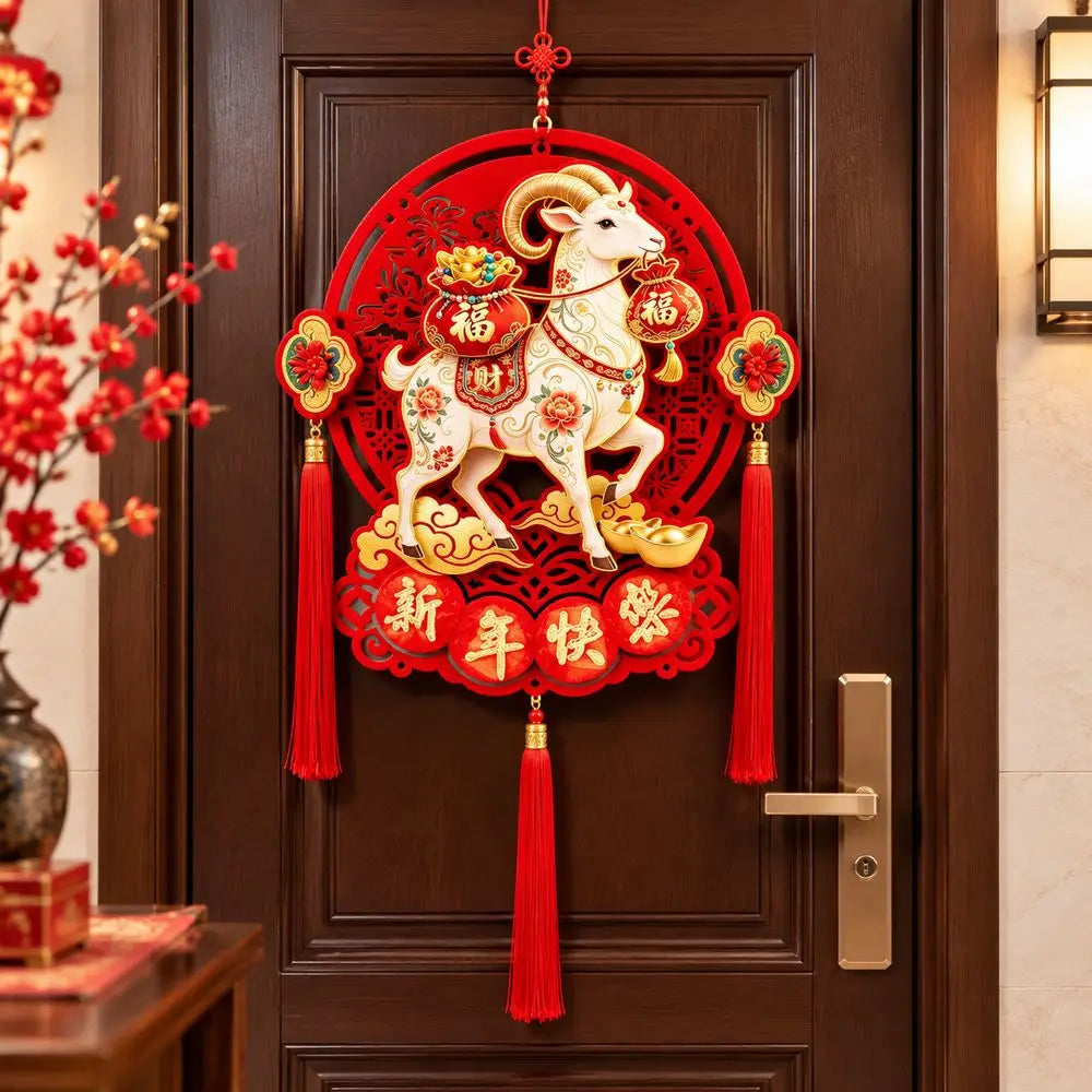 Year of the Sheep 2027 Acrylic Hanging Ornament | Red Tassel Decor