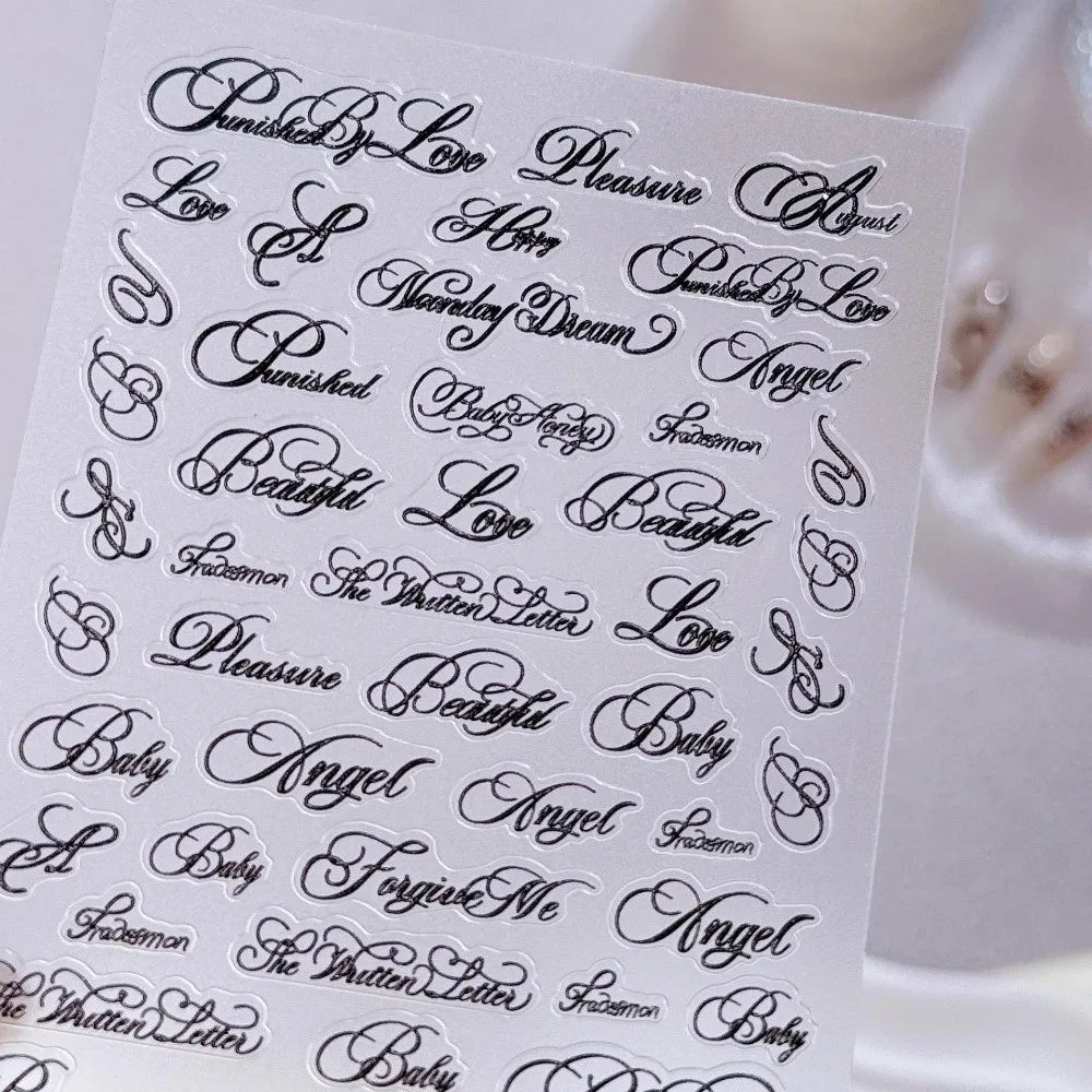3D Embossed Letter Nail Stickers – Black & White Art Decals