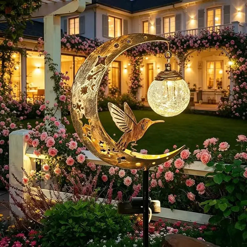 Solar Hummingbird Moon Stake Light | Crackle Glass Garden Lamp