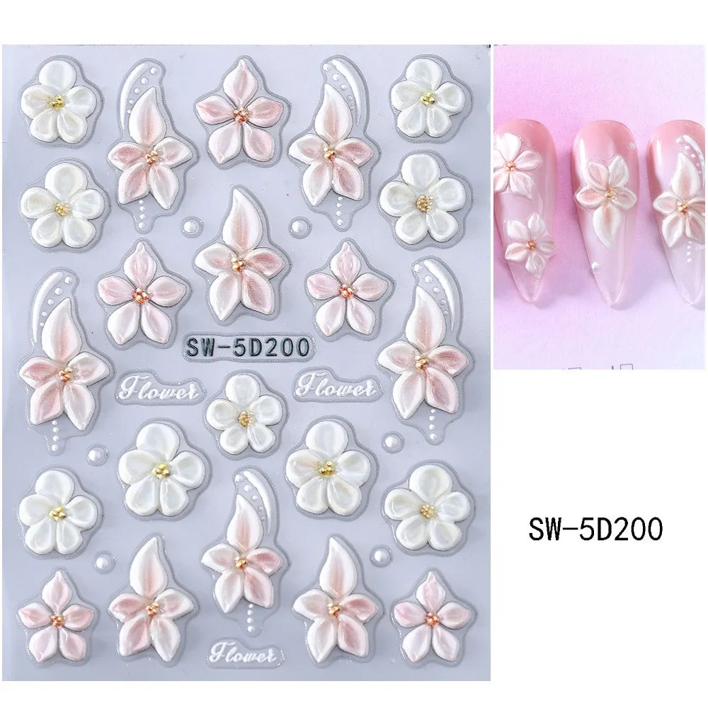 3D French Embossed Nail Stickers – White Pink Petal & Gold