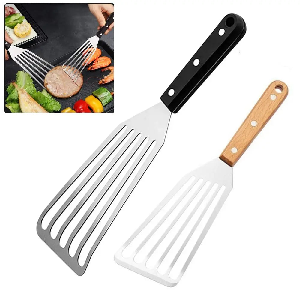 Stainless Steel Slotted Fish Spatula – Wooden Handle BBQ Turner
