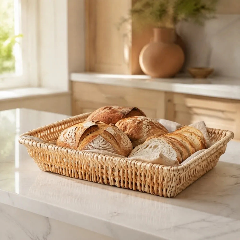 Woven Wicker Serving Tray & Bread Basket – Rectangle Storage