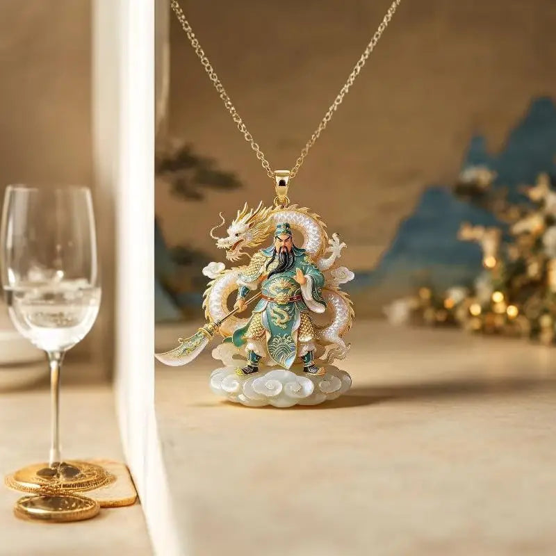 Blue Jade Gourd Dragon Pendant Necklace | Gold Ethnic Jewelry