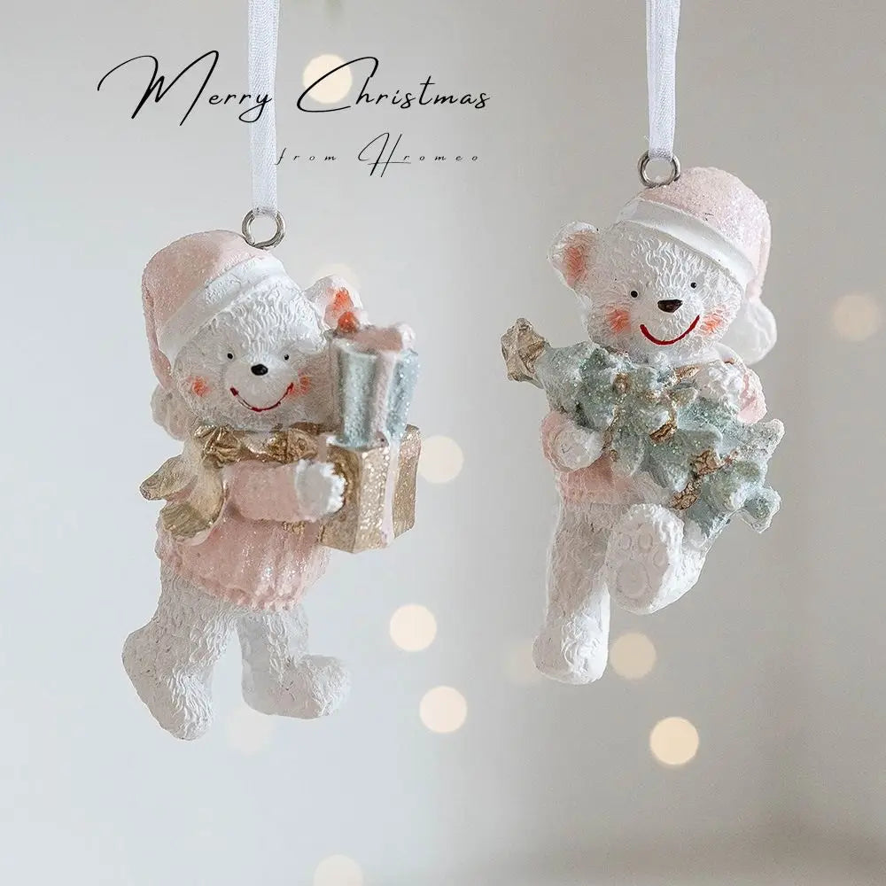 Resin Bear Christmas Ornaments – Pink Couple Set of 2