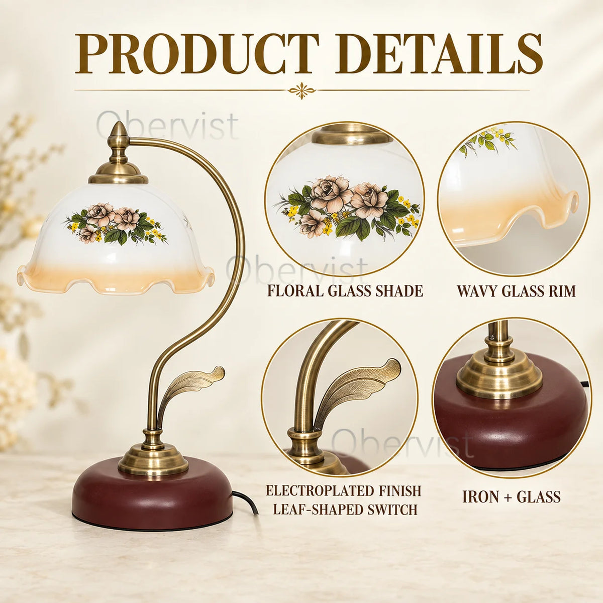 Vintage Floral Glass Table Lamp | Antique Brass Arm E27