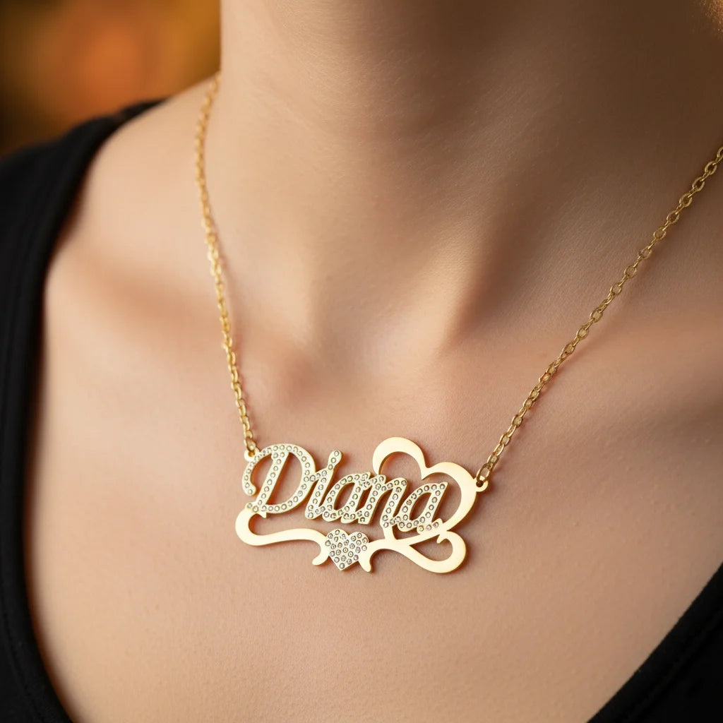 18K Gold Custom Name Zircon Heart Necklace | Personalized Gift