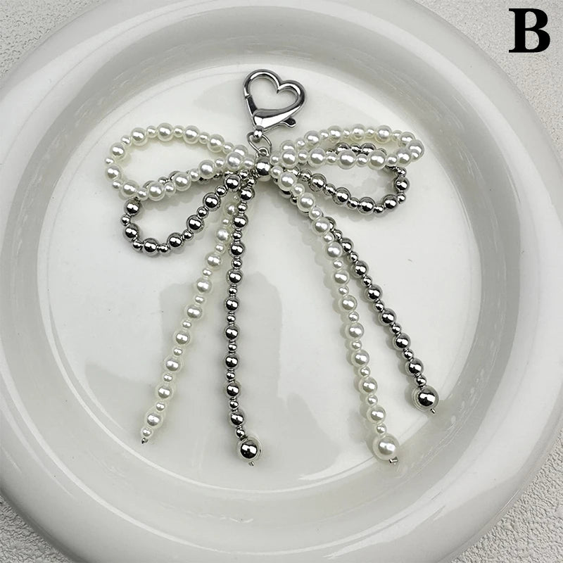 Sweet Bow Heart Bag Charm Keychain – Beaded Pendant Key Ring