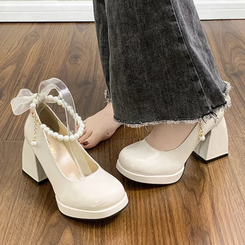 LEDP Pearl Bow Mary Jane Pumps – Women's Square Heel Party Shoes