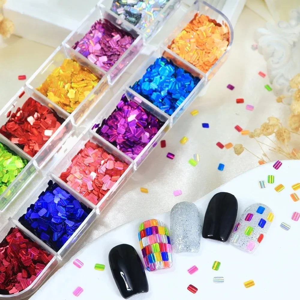 12-Grid Holographic Nail Art Sequins – Laser Glitter Flakes