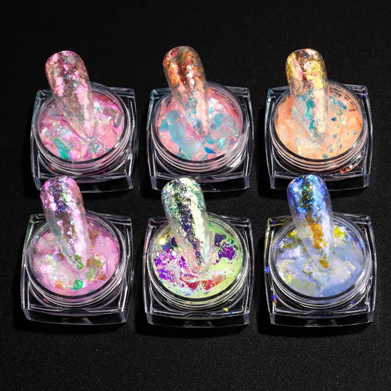 6-Piece Aurora Opal Nail Glitter Flakes – Iridescent Mermaid Art